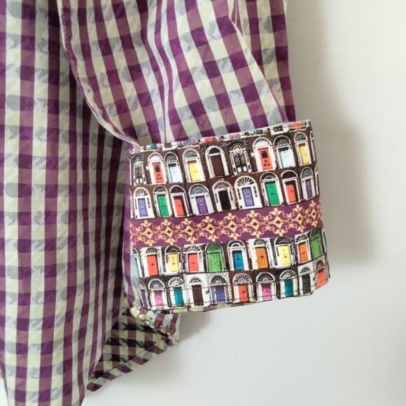 Robert Graham Men's Sz L Embroidered Purple Green Check Flip Cuff Doors Floral - Picture 6 of 8